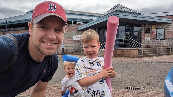 James going swimming with his kids